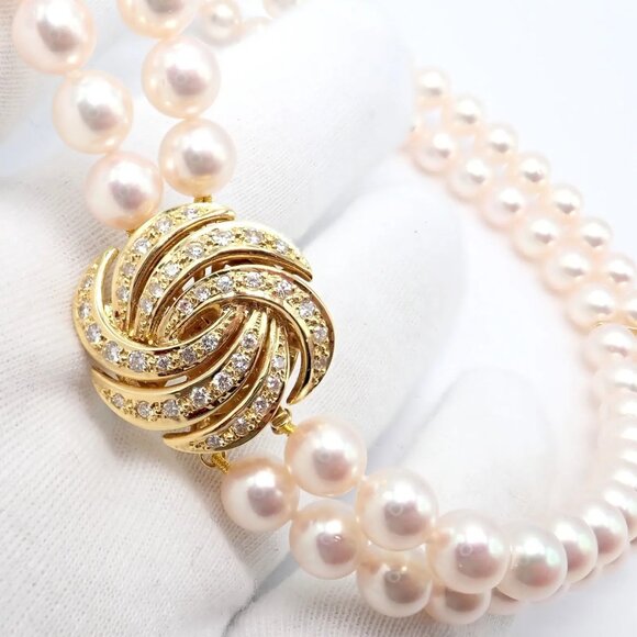 Authentic! Mikimoto 18k Yellow Gold Diamond Double Strand 8mm Pearl Necklace - Picture 3 of 16
